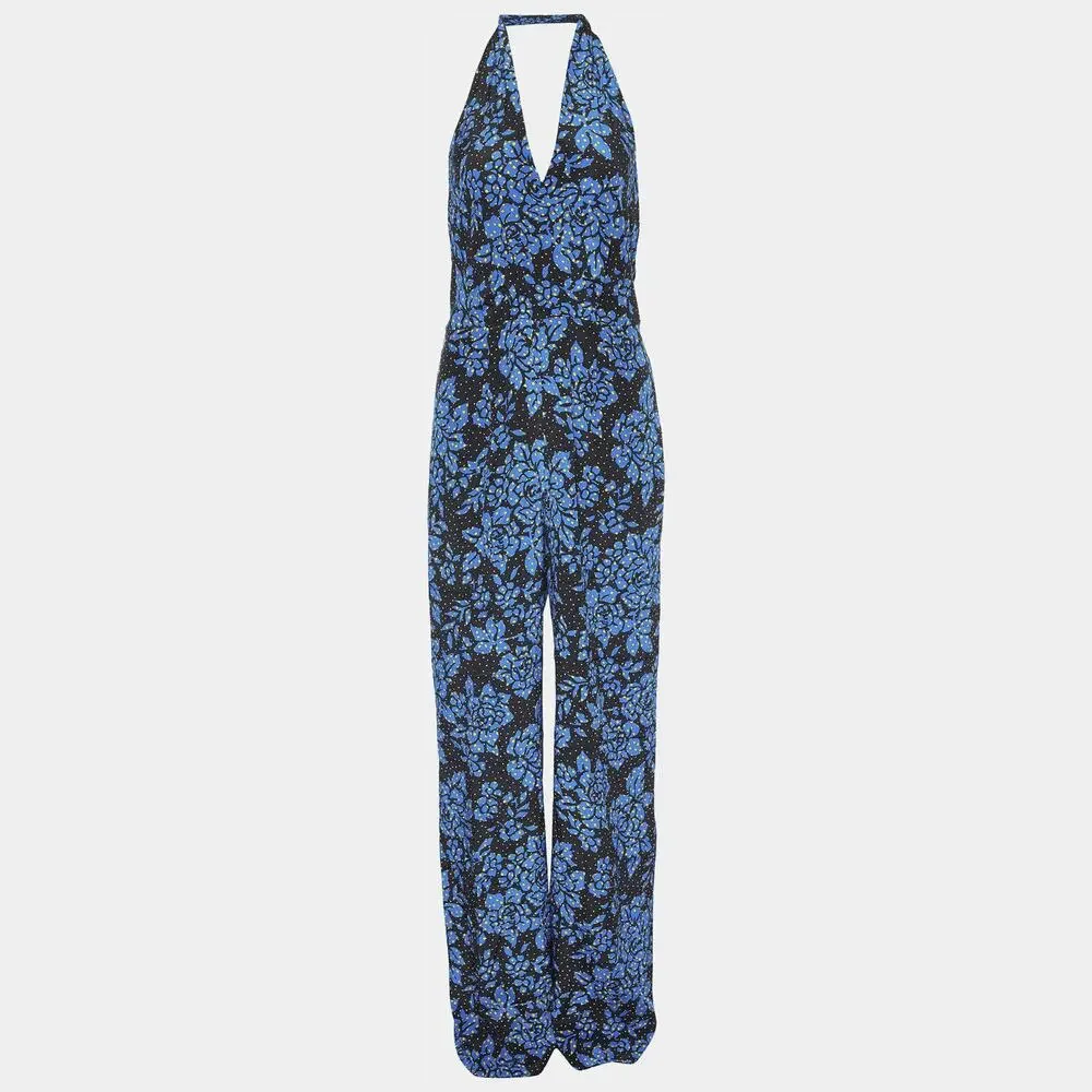 DVF Diane Von Furstenberg 100% Silk Black & Blue Halter Jumpsuit Women's Size 12 - Picture 15 of 16
